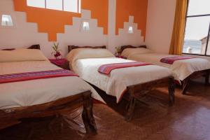 Comunidad Challapampa的住宿－Hostal Margarita Isla del Sol Norte comunidad Challapampa，一间客房内设有四张床的房间