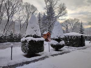 a garden covered in snow with trees and a house at Mini Hotel Zakrut in Tatariv