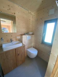 ein Badezimmer mit einem WC, einem Waschbecken und einem Spiegel in der Unterkunft Unique Tiny Eco Lodges with gorgeous views to Jungfrau Massiv in Interlaken