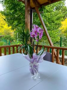 a vase of purple flowers sitting on a table at Villa Ksilifor in Veliko Tŭrnovo