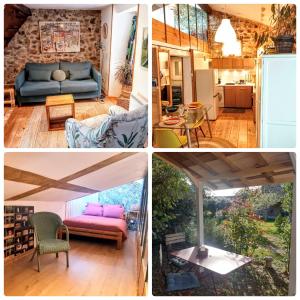a collage of pictures of a living room and a kitchen at "L'Atelier de Pierre" Gîte Atypique in Saint-Cyr