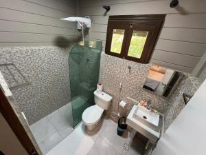 a bathroom with a shower and a toilet and a sink at Pousada Piraúna in Fernando de Noronha