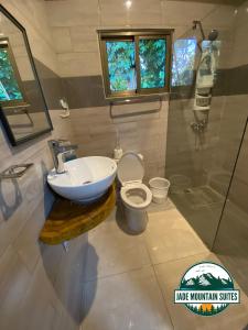 ein Bad mit einem Waschbecken und einem WC in der Unterkunft Jade Mountain Suites, Jarabacoa in Jarabacoa