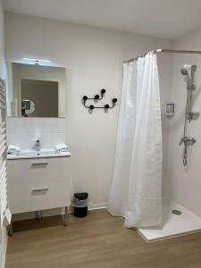 a bathroom with a shower curtain and a sink at Apparteo Montpellier in Montpellier