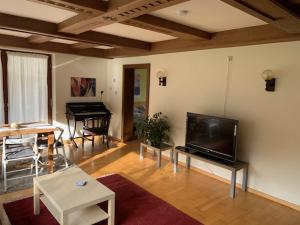 a living room with a flat screen tv and a piano at Haus Amalia in Kramsach