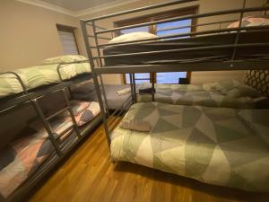 two bunk beds in a dorm room with a bed at Dublin Airport Big rooms with bathroom outside room - kitchen only 7 days reservation in Dublin