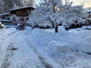 una carretera cubierta de nieve frente a una casa en Haus Amalia, en Kramsach