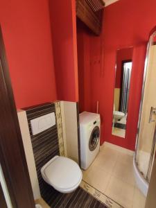 a bathroom with a toilet and a washing machine at Sulkowicka Apartment in Warsaw