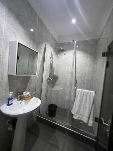 a bathroom with a shower and a sink and a toilet at 2 bedroom Diva's Exquisite Apartment in Lekki