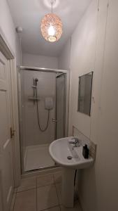 a white bathroom with a shower and a sink at The Cosy Beech in Lisnaskea