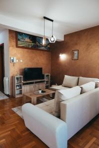 - un salon avec un canapé blanc et une télévision dans l'établissement Matias Apartment, à Valjevo