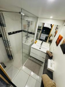 a bathroom with a shower and a sink at Duplex sur Marinas Cap d'Agde in Cap d'Agde