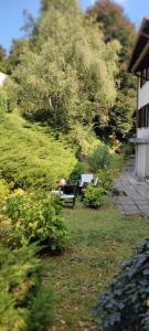 a garden with a bench in the grass at La Finestra sul Lago in Brusimpiano