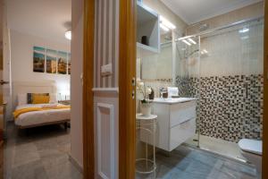 uma casa de banho com um chuveiro, um lavatório e um WC. em Reina Aixa- Apartamento Centro em Granada