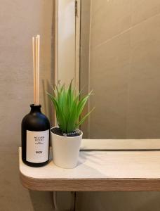 CinengangirangThe Pinewood House Villa Kota Bunga by Citrus House的镜子前的架子上放着蜡烛和盆栽植物