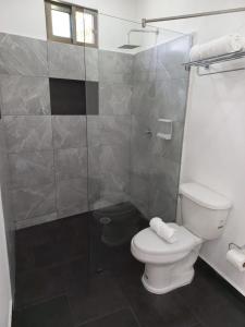 ein Badezimmer mit Toilette und Glasdusche in der Unterkunft Rancho Los Quiñones in Leona Vicario