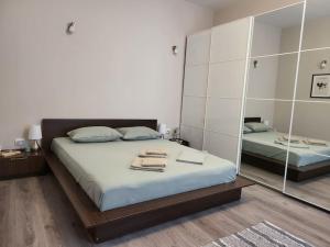 a bedroom with a bed and a large mirror at Oasis Home-Garden Gem in The Heart of Bucharest in Bucharest