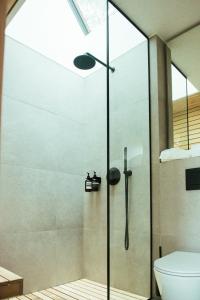 a shower with a glass door in a bathroom at Jägala Juga Nature Resort SPA in Jägala-Joa +9 photos