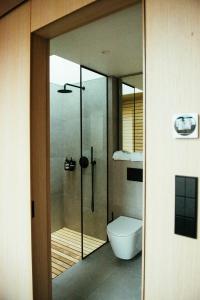 a bathroom with a toilet and a glass shower at Jägala Juga Nature Resort SPA 