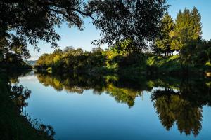 a river with trees reflecting in the water at Apartman Nives in Prijedor