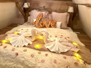 Dos cisnes con luces en una cama con un signo de amor en Maison Le Nid des Cigognes balnéothérapie pour 2, en Oberbronn