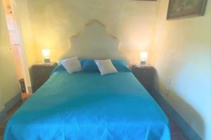 Un dormitorio con una cama azul con dos luces. en Casa tranquilla colonica toscana vicino a Firenze, en Seano