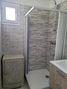 La salle de bains est pourvue d'une douche et d'un lavabo. dans l'établissement Tahiti Beach, à Frontignan