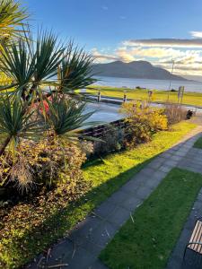 un parque con palmeras, un banco y el océano en Lamlash (holiday) Lets en Lamlash