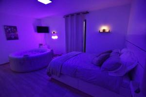 a purple bedroom with a bed and a tub at Magic Spa Studio Jacuzzi near Disneyland in Crecy la Chapelle