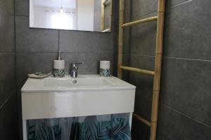 een badkamer met een witte wastafel en een spiegel bij L'Awara - paisible et chaleureux in Cabassou