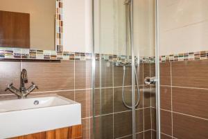 a bathroom with a shower and a sink at Hideaway Lodge in Tintagel +11 photos