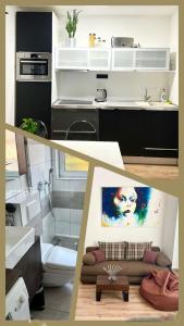 a kitchen with a sink and a couch in a room at Apartment Brno- BBQ terrace in Husovice