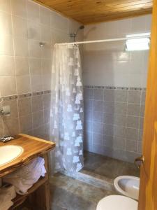 a bathroom with a shower curtain with a toilet and a sink at Brisa del Bosque in El Bolsón