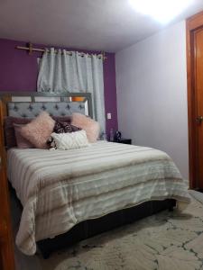 um quarto com uma cama grande e almofadas cor-de-rosa em cabaña mariposa monarca em Mineral de Angangueo