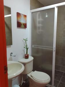 Habitaciones Ciudad Amurallada في كارتاهينا دي اندياس: حمام مع دش ومرحاض ومغسلة