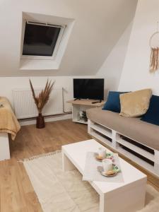 a living room with a couch and a coffee table at Le Sable d'Or - charme - détente in Amiens