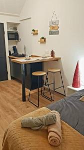 um quarto com uma cama e uma cozinha com um balcão em Le Sable d'Or - charme - détente em Amiens