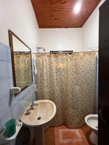 a bathroom with a sink and a shower curtain at Dorbozy in Wanda