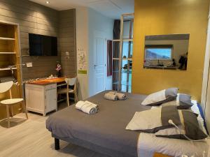 1 dormitorio con cama, escritorio y cocina en GiteAnne en La Chapelle-sur-Erdre