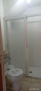 een badkamer met een toilet en een douche bij ZIHUA TAANAJ in Zihuatanejo