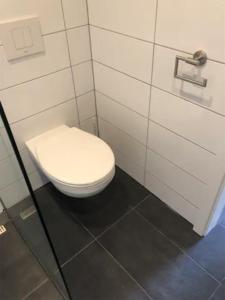 a bathroom with a white toilet in a stall at Kleines gemütliches Studio 1 in Moselnähe in Zeltingen-Rachtig