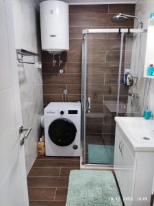 亞霍里納的住宿－Apartman Kaja (ski-to-door, Jahorina)，小型浴室设有洗衣机和淋浴。