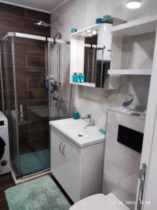 a bathroom with a shower and a sink and a toilet at Apartman Kaja (ski-to-door, Jahorina) in Jahorina +23 photos