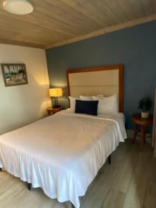 a bedroom with a white bed with a blue pillow at American Inn in Pensacola
