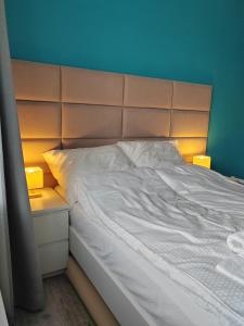 una cama con cabecero y dos luces al lado en Apartament Paderewskiego, en Kielce