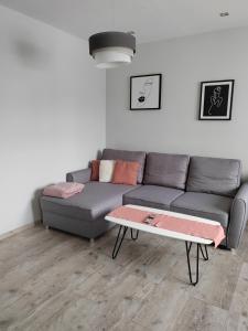 Una sala de estar con un sofá y una mesa de café. en Apartament Paderewskiego, en Kielce