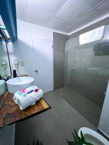 Un baño con ducha, lavabo e inodoro. en Sand and Tan Beach Hotel, en Ocho Ríos 37 fotos más