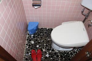 a bathroom with a toilet and a pair of red shoes at Yamadaya Hotel in Fujikawaguchiko +27 photos