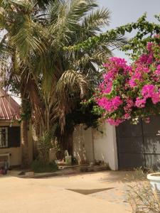 una casa con una palmera y flores rosas en ParadisPlage, 1 min de la mer, en Saly Portudal