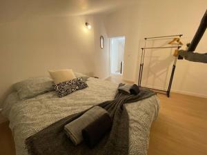 een slaapkamer met een bed met een deken erop bij Maison individuelle atypique sur 2 étages in Bar-sur-Aube